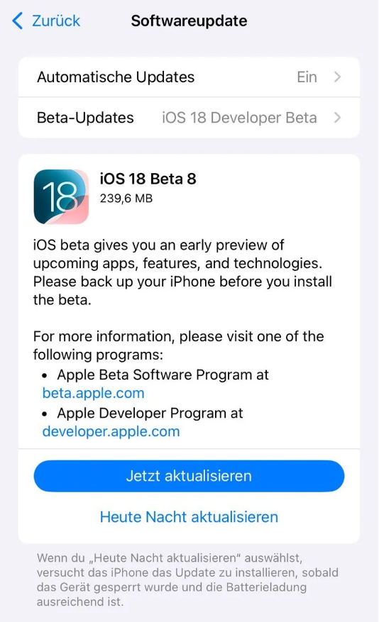 子洲苹果手机维修分享苹果 iOS / iPadOS 18 开发者预览版 Beta 8 发布 